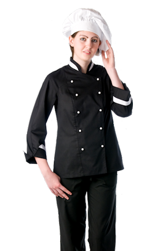 GIACCA LADY CHEF NERA BORDATA: giacca da cucina modello donna giacca chef femminile di linea...